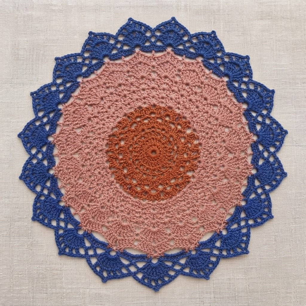 テラコッタ、ダスティローズ、ネイビーブルーを上品に調和させた、落ち着きのあるハンドメイド作品です。